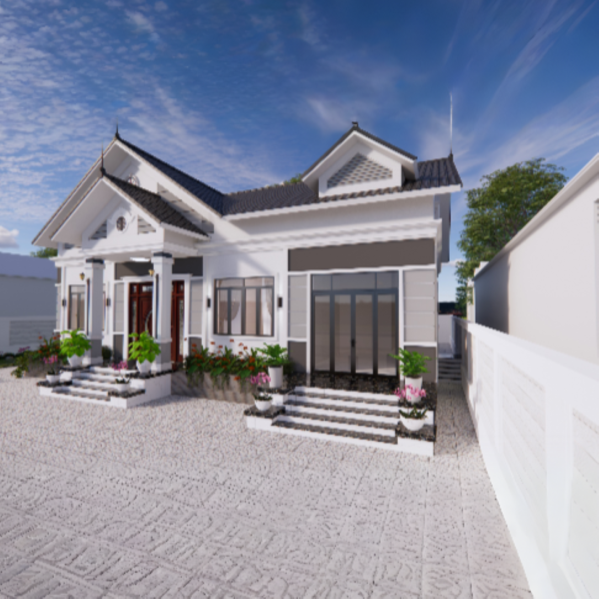 V355 | Bản vẽ thiết kế mẫu nhà cấp 4 mái Thái Tân cổ điển 4 phòng ngủ, kích thước 15x10m, bản in A3 đẹp, có phối cảnh 3D