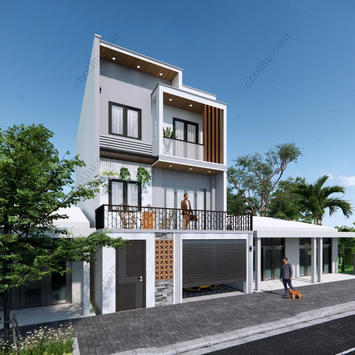 V932 | Bản vẽ thiết kế Full hồ sơ mẫu nhà phố hiện đại 3 tầng 3 phòng ngủ, kích thước 7x15m, in A3 đẹp, phối cảnh 3D