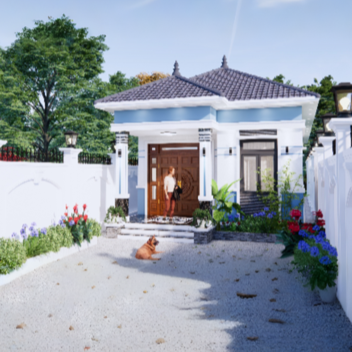 V798 | Bản vẽ thiết kế mẫu nhà mái Nhật SÂN VƯỜN CỰC ĐẸP, 1 tầng 3 phòng ngủ, kích thước 6x19m, bản in A3 đẹp, có phối cảnh 3D