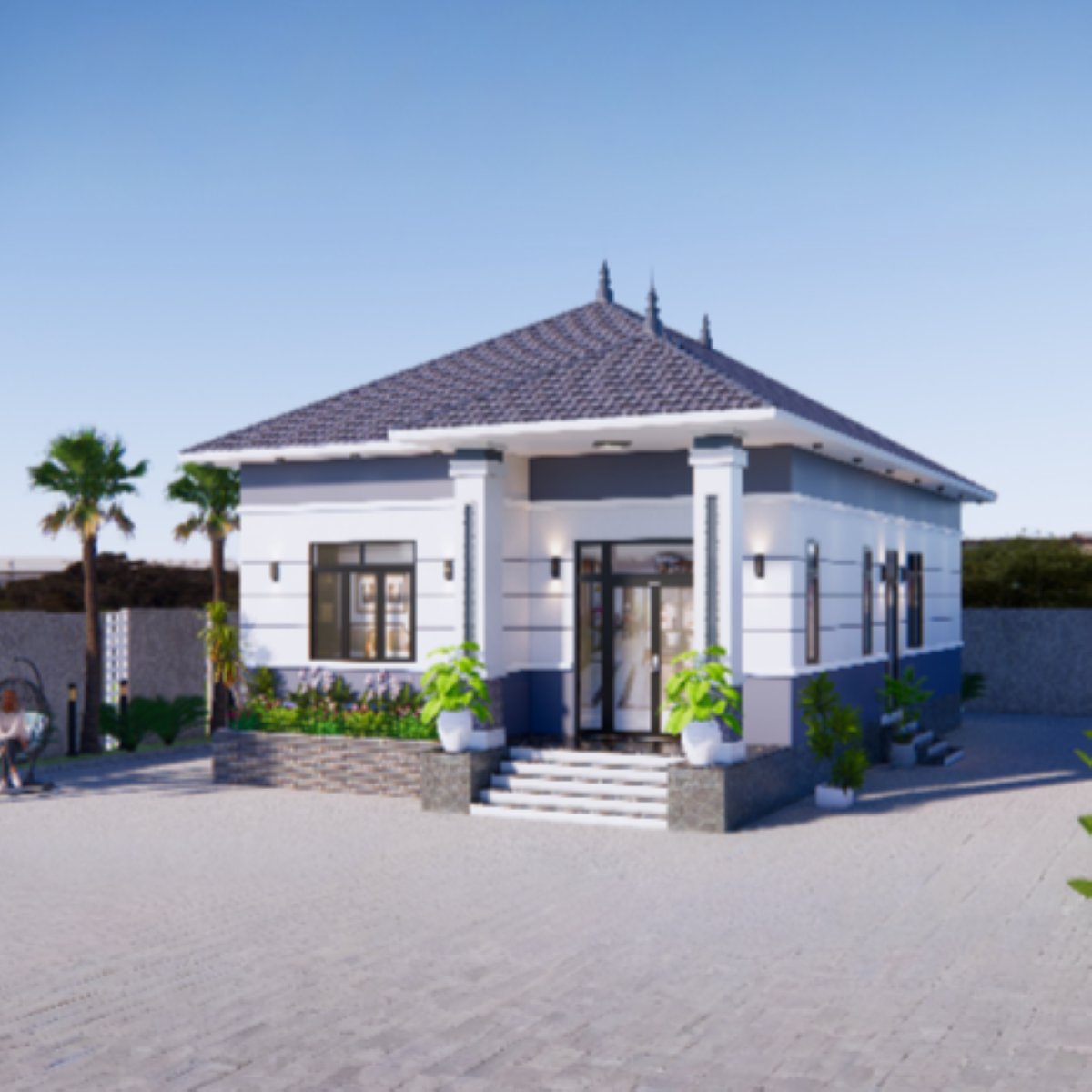 V573 | Bản vẽ thiết kế mẫu nhà cấp 4 mái Nhật hiện đại, 3 phòng ngủ, kích thước 8x13m, bản in A3 đẹp, có phối cảnh 3D