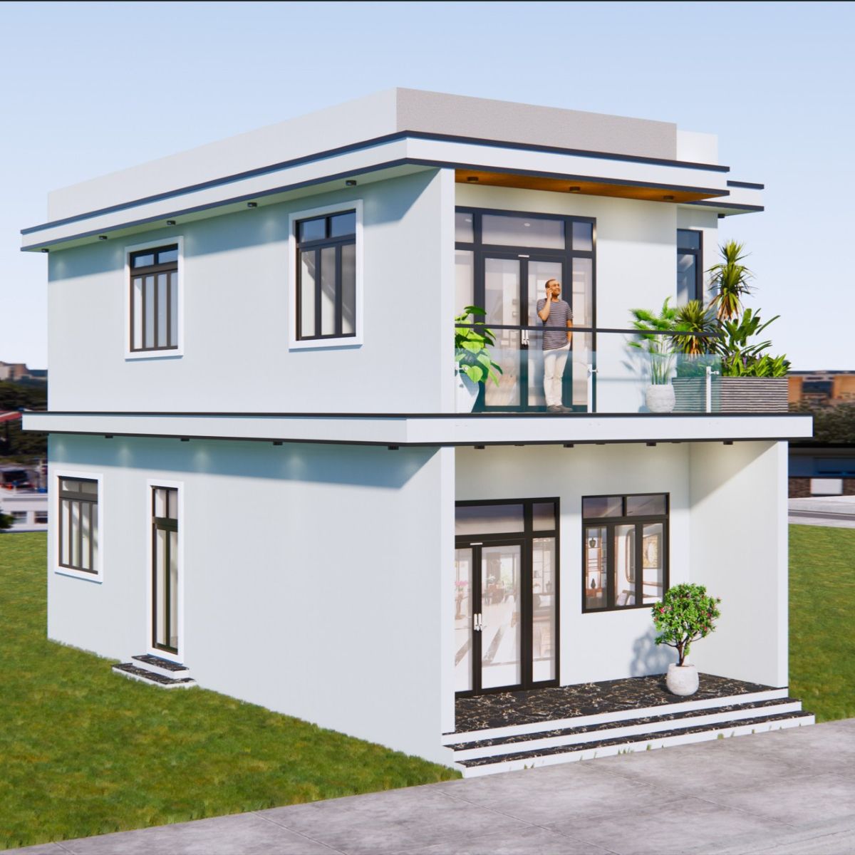 V695 | Bản vẽ thiết kế Full hồ sơ mẫu nhà phố hiện đại 2 tầng 2 phòng ngủ, kích thước 6x15m, bản in A3 đẹp, phối cảnh 3D