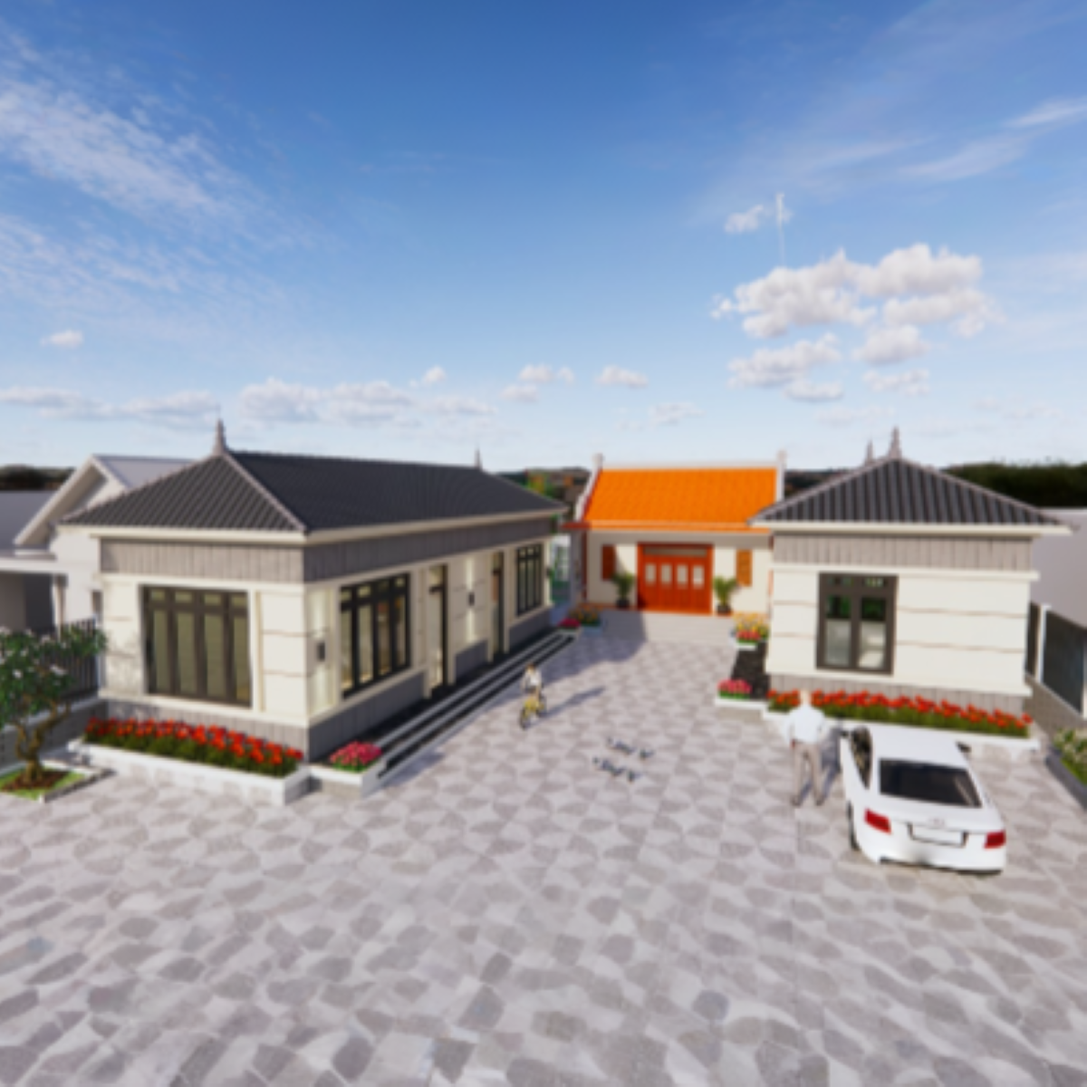 V359 | Bản vẽ thiết kế Full hồ sơ mẫu nhà cấp 4 mái Nhật độc đáo 2 phòng ngủ, kích thước 18x22m, bản in A3 đẹp, phối cảnh 3D