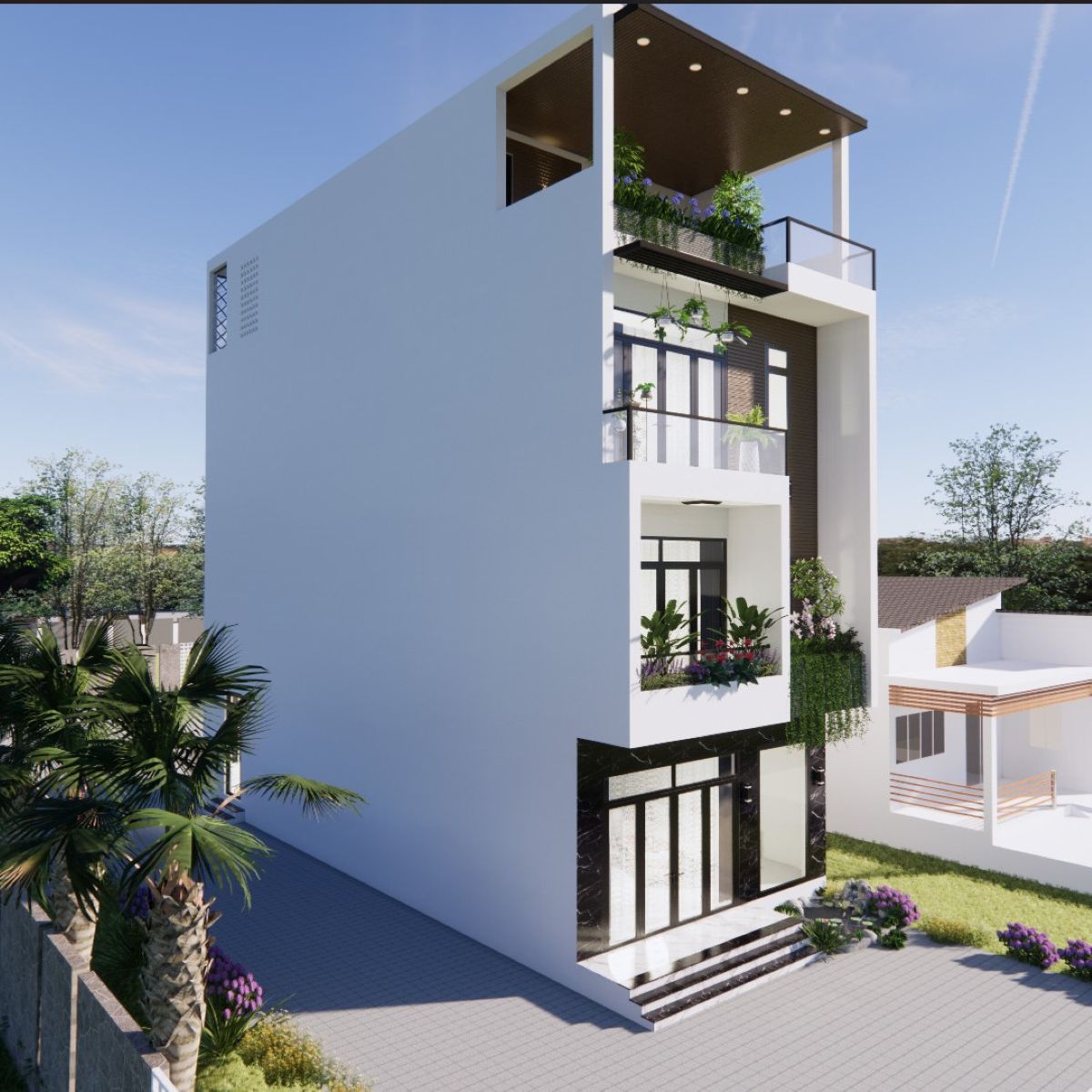V521 | Bản vẽ thiết kế Full hồ sơ mẫu nhà phố hiện đại 4 tầng 1 tum, kích thước 6x17m, 5 phòng ngủ, bản in A3 đẹp phối cảnh 3D