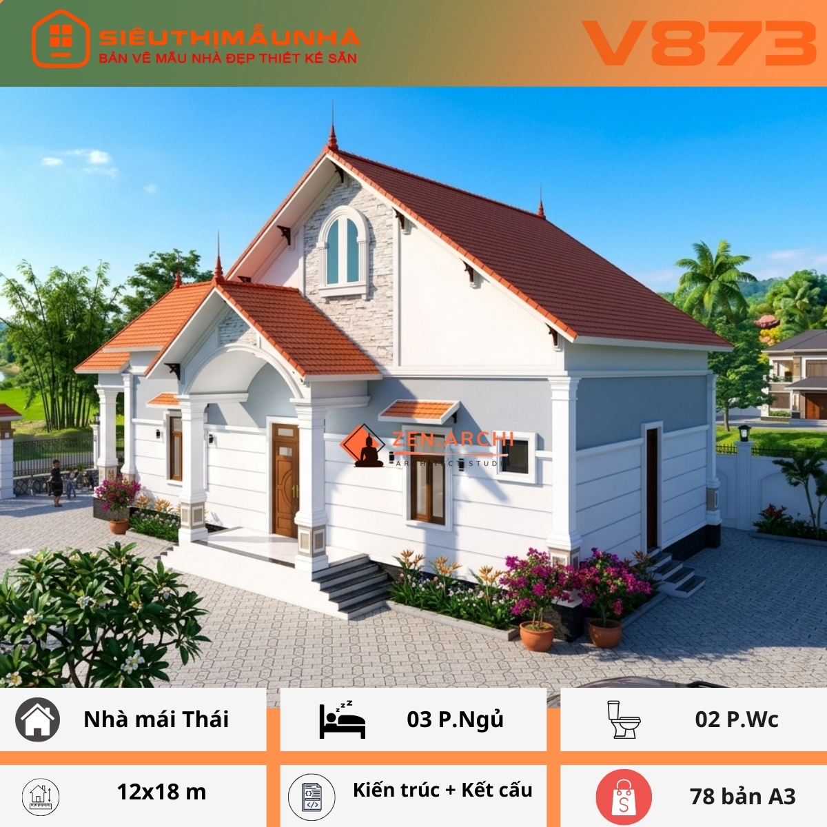 V873 | Bản vẽ thiết kế Kiến trúc, kết cấu mẫu nhà mái Thái 1 tầng, 3 phòng ngủ, kích thước 12x18, bản in A3 đẹp, có ảnh 3D