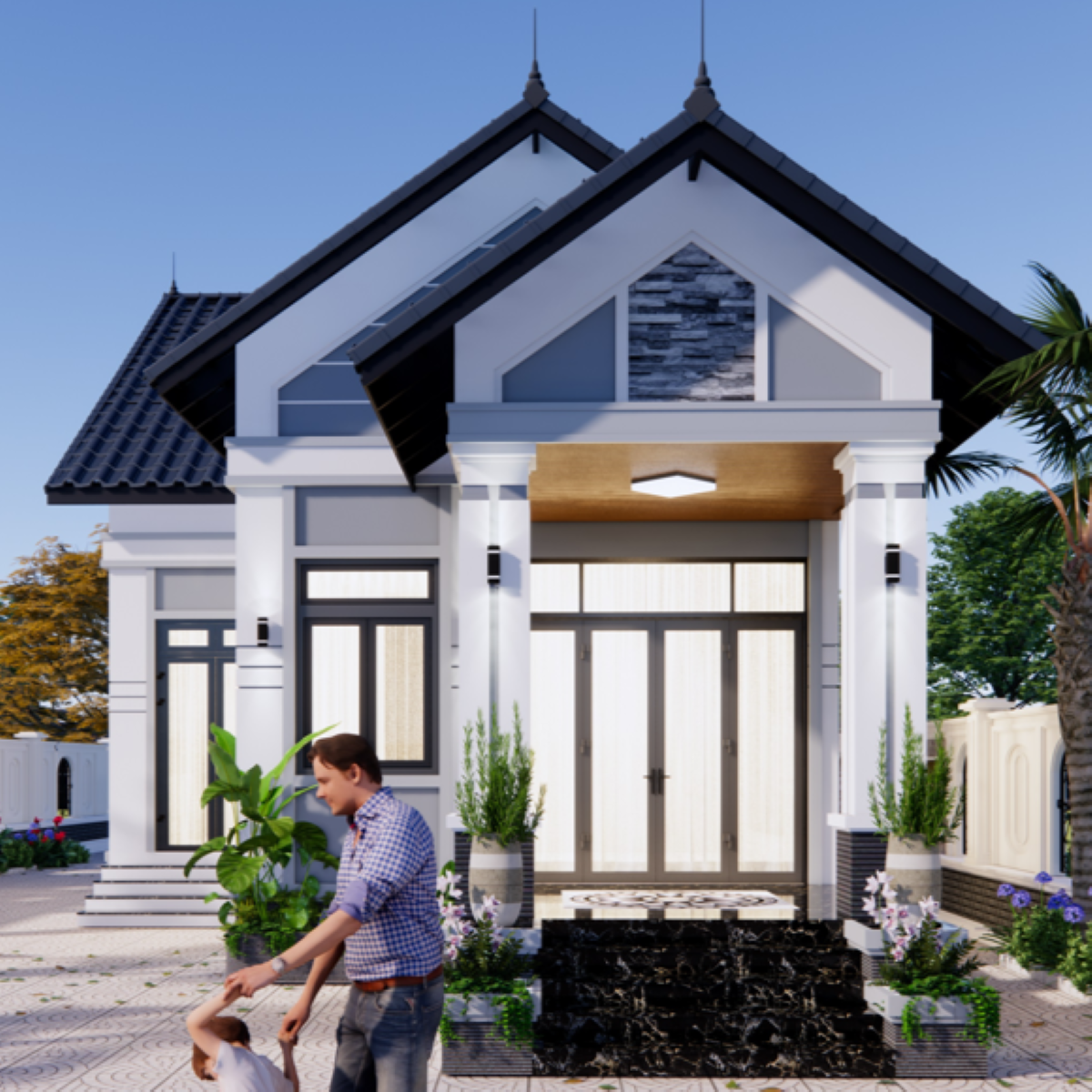 V773 | Bản vẽ thiết kế mẫu nhà mái Thái hiện đại, 1 tầng 3 phòng ngủ, kích thước 7.5x15m, bản in A3 đẹp, có phối cảnh 3D