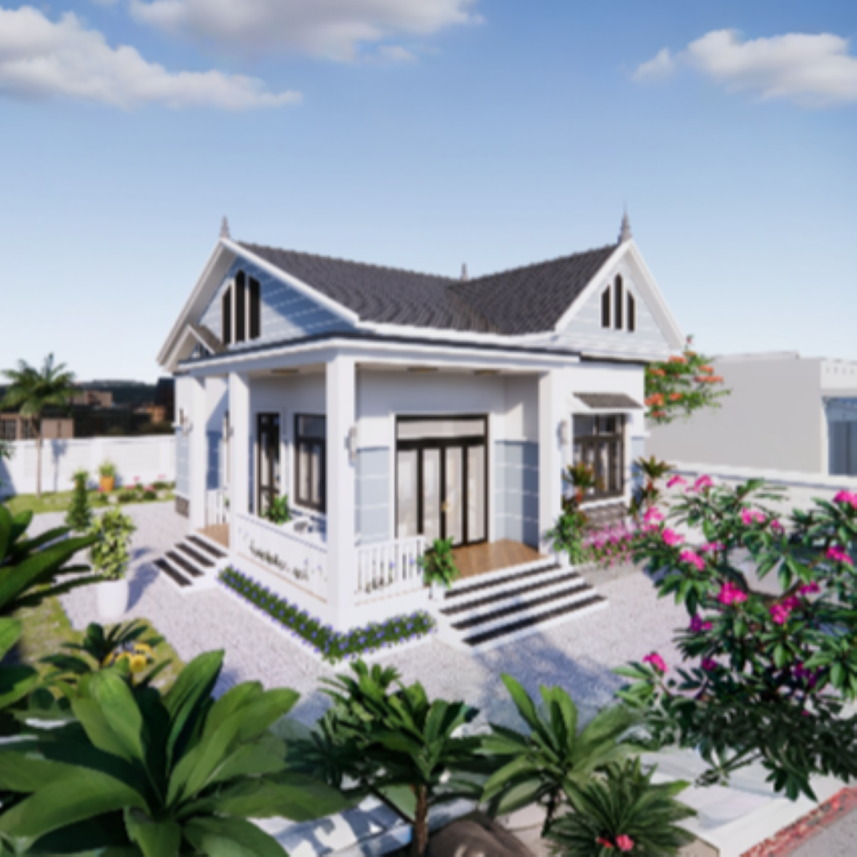 V424 | Bản vẽ thiết kế mẫu nhà vườn mái Thái hiện đại 1 tầng 2 phòng ngủ, kích thước 8x12m, bản in A3 đẹp, có phối cảnh 3D
