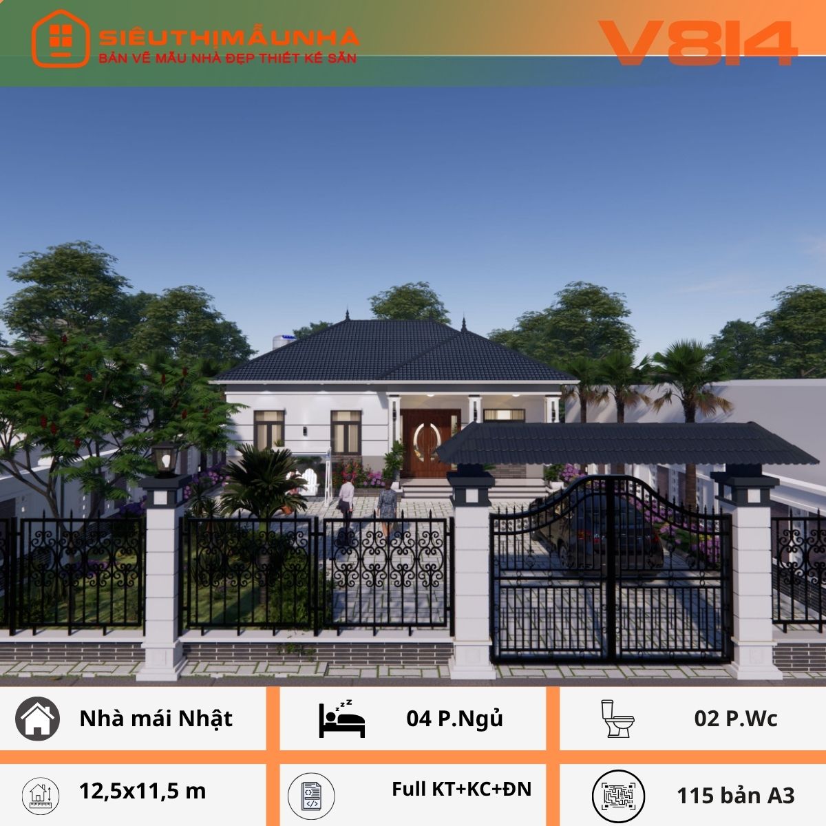 V814 | Bản vẽ kiến trúc mẫu nhà mái Nhật 1 tầng 4 phòng ngủ kích thước 12,5x11,5m