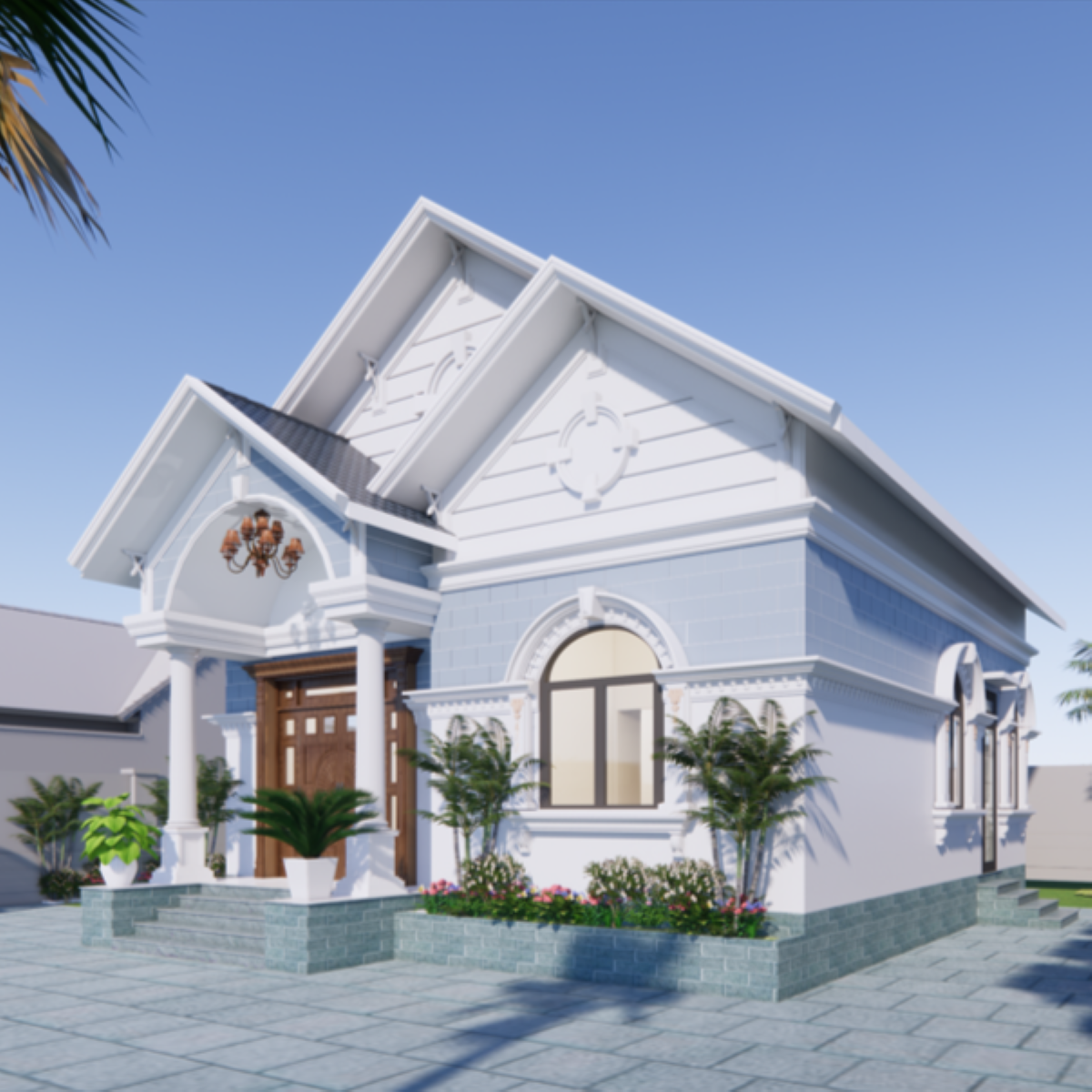 V549 | Bản vẽ thiết kế mẫu nhà vườn cấp 4 mái Thái, 3 phòng ngủ, kích thước 9.8x9.4m, bản in A3 đẹp, có phối cảnh 3D