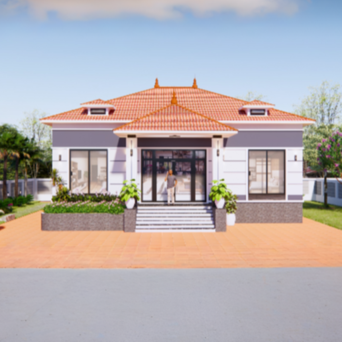 V766 | Bản vẽ thiết kế mẫu nhà cấp 4 mái Nhật hiện đại, rộng rãi, 5 phòng ngủ, kích thước 14x10.5m, bản in A3 đẹp, phối cảnh 3D