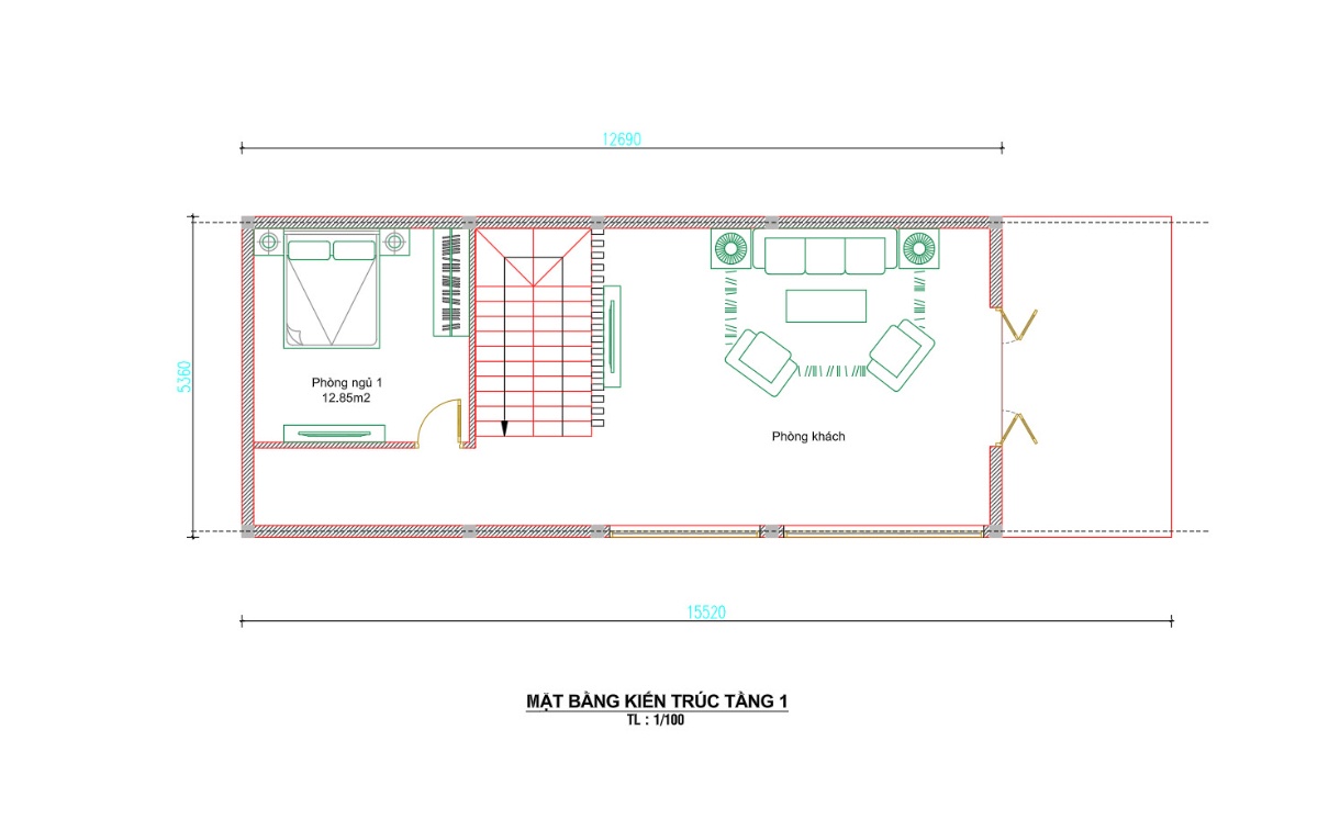 V680 | Bản vẽ thiết kế Kiến trúc & Điện nước mẫu nhà phố 2 tầng 2 phòng ngủ, kích thước 5.4x12.5m, in A3 đẹp, chi phí tiết kiệm