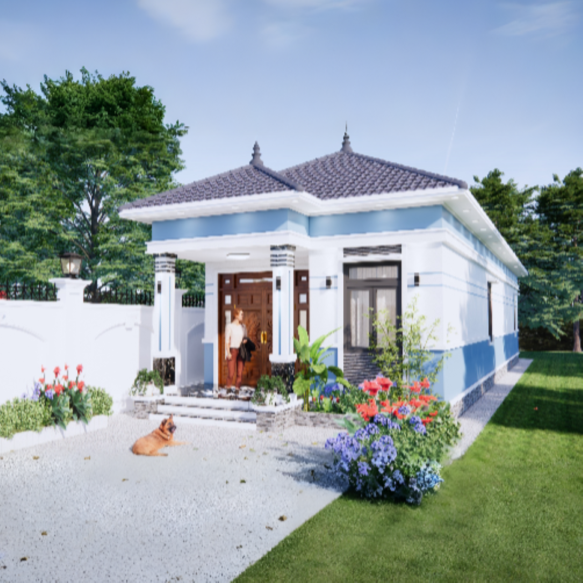 V798 | Bản vẽ thiết kế mẫu nhà mái Nhật SÂN VƯỜN CỰC ĐẸP, 1 tầng 3 phòng ngủ, kích thước 6x19m, bản in A3 đẹp, có phối cảnh 3D