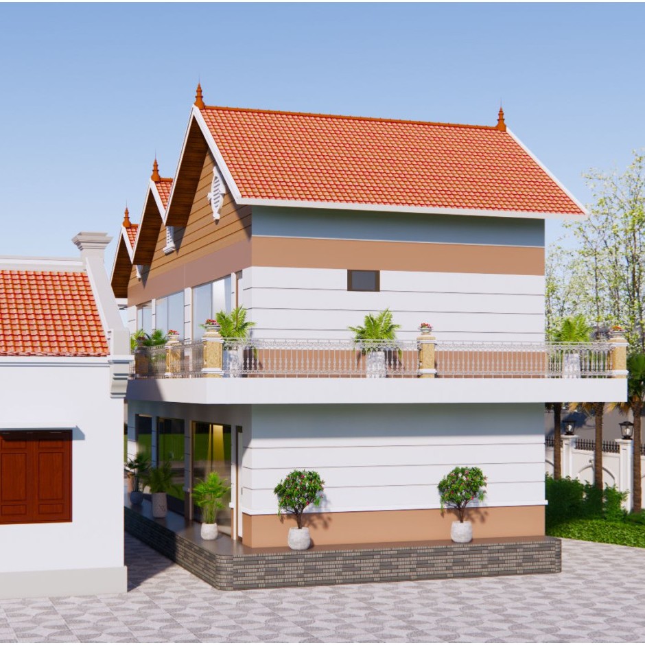 V770 | Bản vẽ thiết kế Kiến trúc, Kết cấu nhà mái Thái 2 tầng 4 phòng ngủ khép kín, kích thước 8,5x18m, in A3 đẹp, phối cảnh 3D