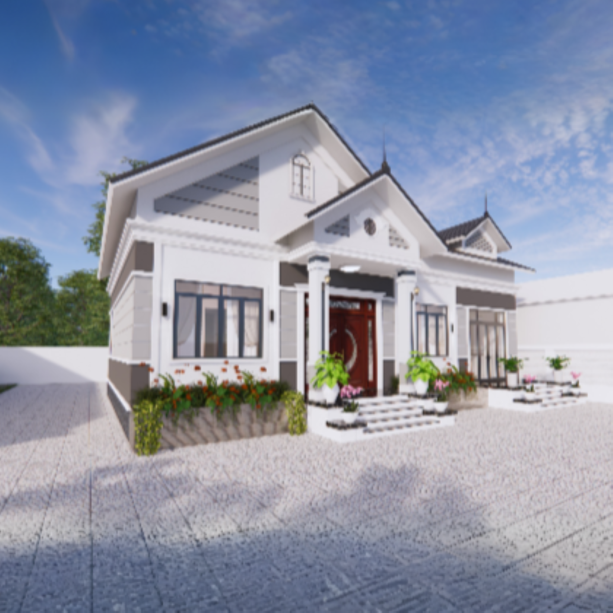 V355 | Bản vẽ thiết kế mẫu nhà cấp 4 mái Thái Tân cổ điển 4 phòng ngủ, kích thước 15x10m, bản in A3 đẹp, có phối cảnh 3D