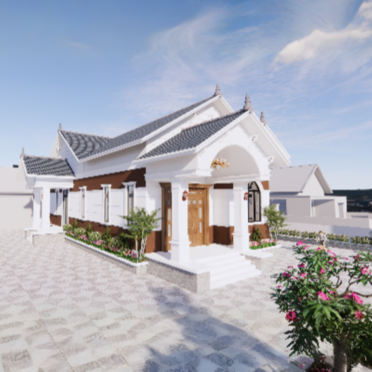 V335 | Bản vẽ thiết kế mẫu nhà mái Thái tân cổ điển, 1 tầng 4 phòng ngủ, kích thước 8x19m, bản in A3 đẹp, có phối cảnh 3D