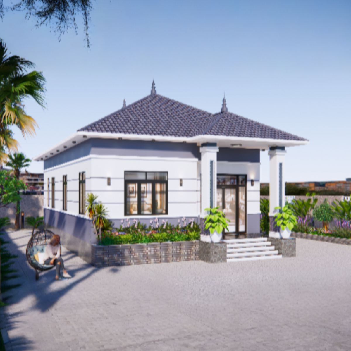 V573 | Bản vẽ thiết kế mẫu nhà cấp 4 mái Nhật hiện đại, 3 phòng ngủ, kích thước 8x13m, bản in A3 đẹp, có phối cảnh 3D