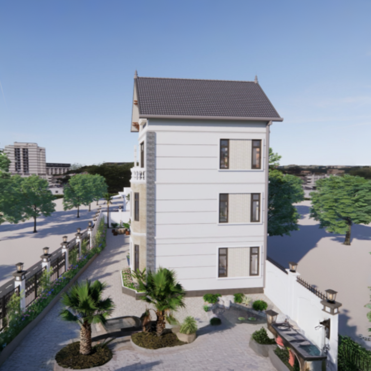 V679 | Bản vẽ thiết kế Kiến trúc mẫu biệt thự vườn sang trọng 4 tầng 6 phòng ngủ, kích thước 16x9.5m, in A3 đẹp, phối cảnh 3D