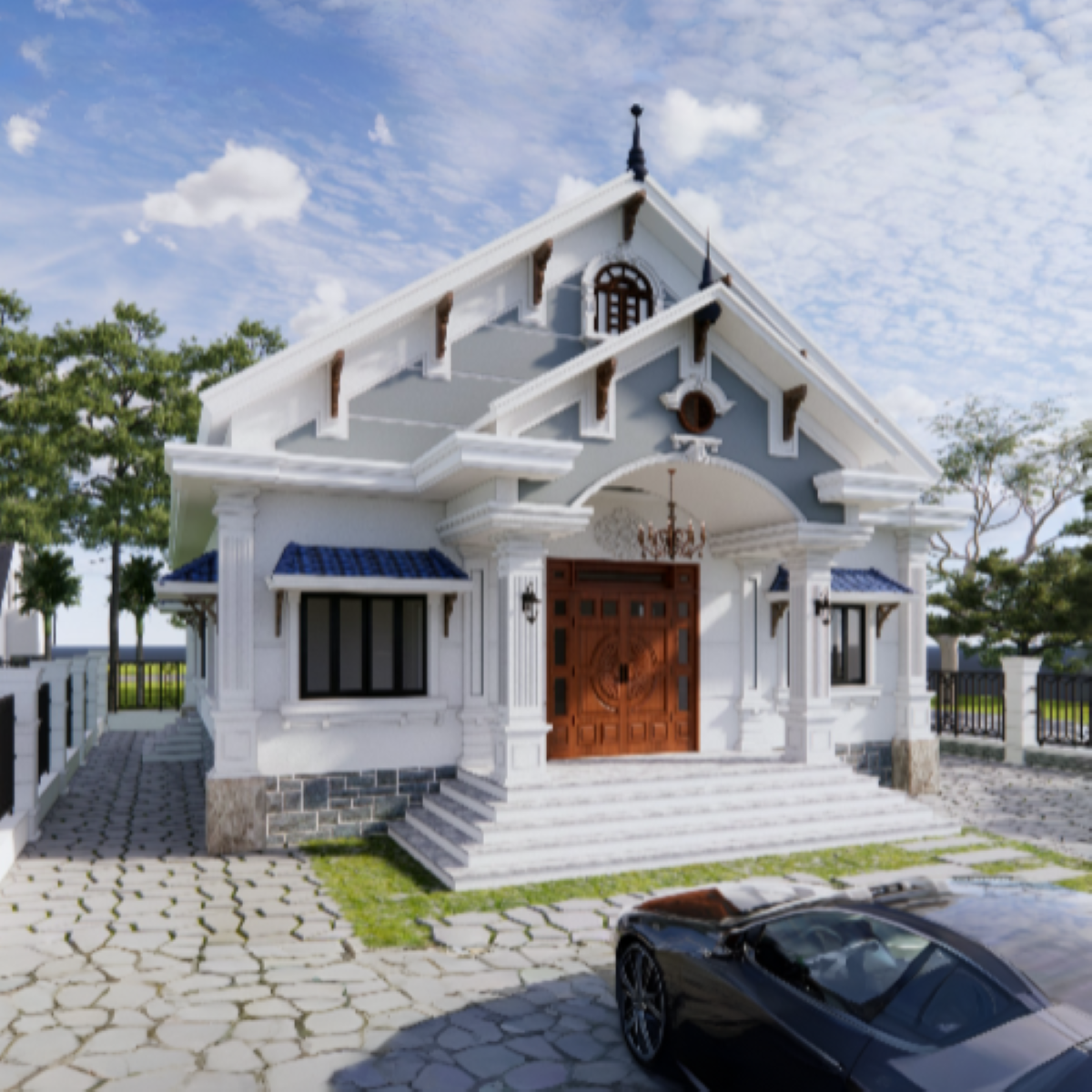 V361 | Bản vẽ thiết kế Kiến trúc mẫu nhà vườn mái Thái 1 tầng 4 phòng ngủ, kích thước 11.5x13.5m, bản in A3 đẹp, phối cảnh 3D