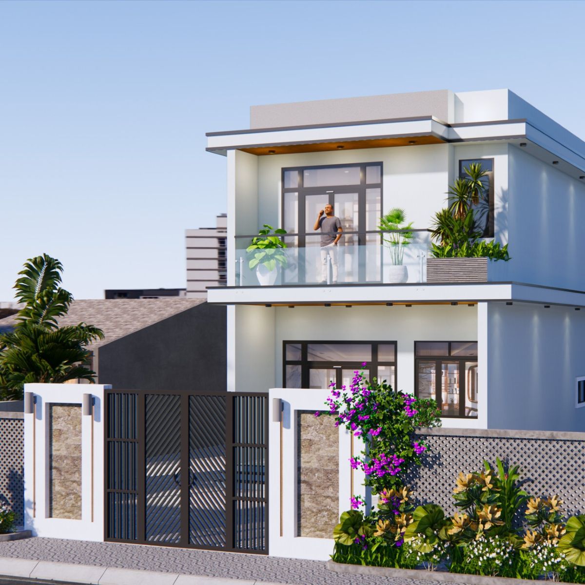 V695 | Bản vẽ thiết kế Full hồ sơ mẫu nhà phố hiện đại 2 tầng 2 phòng ngủ, kích thước 6x15m, bản in A3 đẹp, phối cảnh 3D
