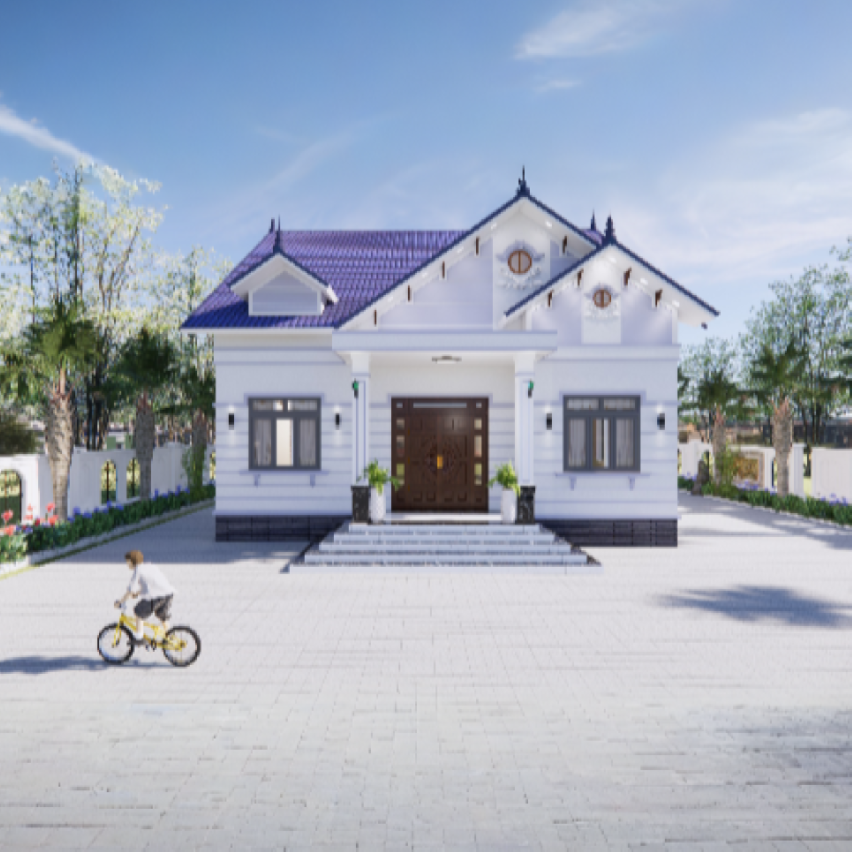 V581 | Bản vẽ thiết kế mẫu nhà mái Thái tân cổ điển, 1 tầng 4 phòng ngủ, kích thước 11x14m, bản in A3 đẹp, có phối cảnh 3D