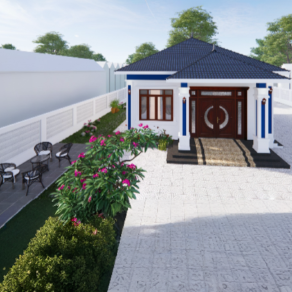 V456 | Bản vẽ thiết kế mẫu nhà vườn mái Nhật tân cổ điển, 1 tầng 3 phòng ngủ, kích thước 9.2x9.5m, bản in A3 đẹp, phối cảnh 3D