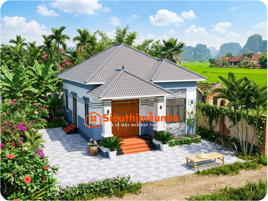 V915 | Bản vẽ thiết kế nhà mái Nhật 1 tầng hiện đại 4 phòng ngủ kích thước 13x15m