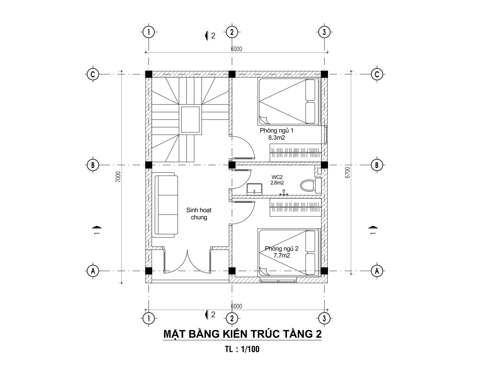 V696 | Bản vẽ thiết kế Full hồ sơ mẫu nhà phố hiện đại nhỏ gọn 2 tầng 2 phòng ngủ, kích thước 6x6,7m bản in A3 đẹp phối cảnh 3D