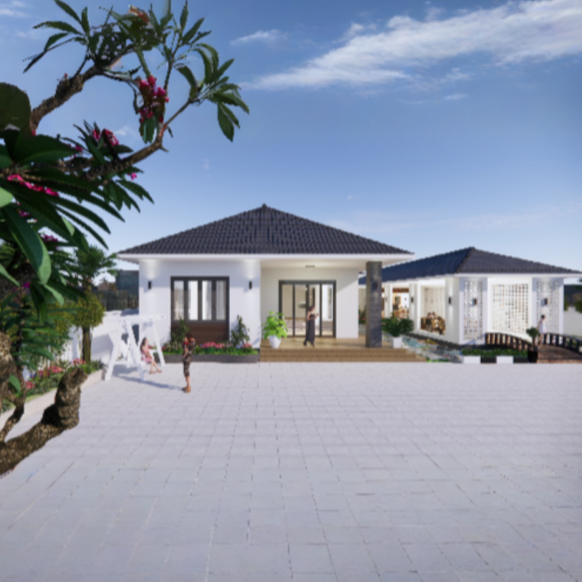 V340 | Bản vẽ thiết kế Full hồ sơ mẫu biệt thự vườn mái Nhật 1 tầng 4 phòng ngủ, kích thước 20.5x40m, in A3 đẹp, phối cảnh 3D