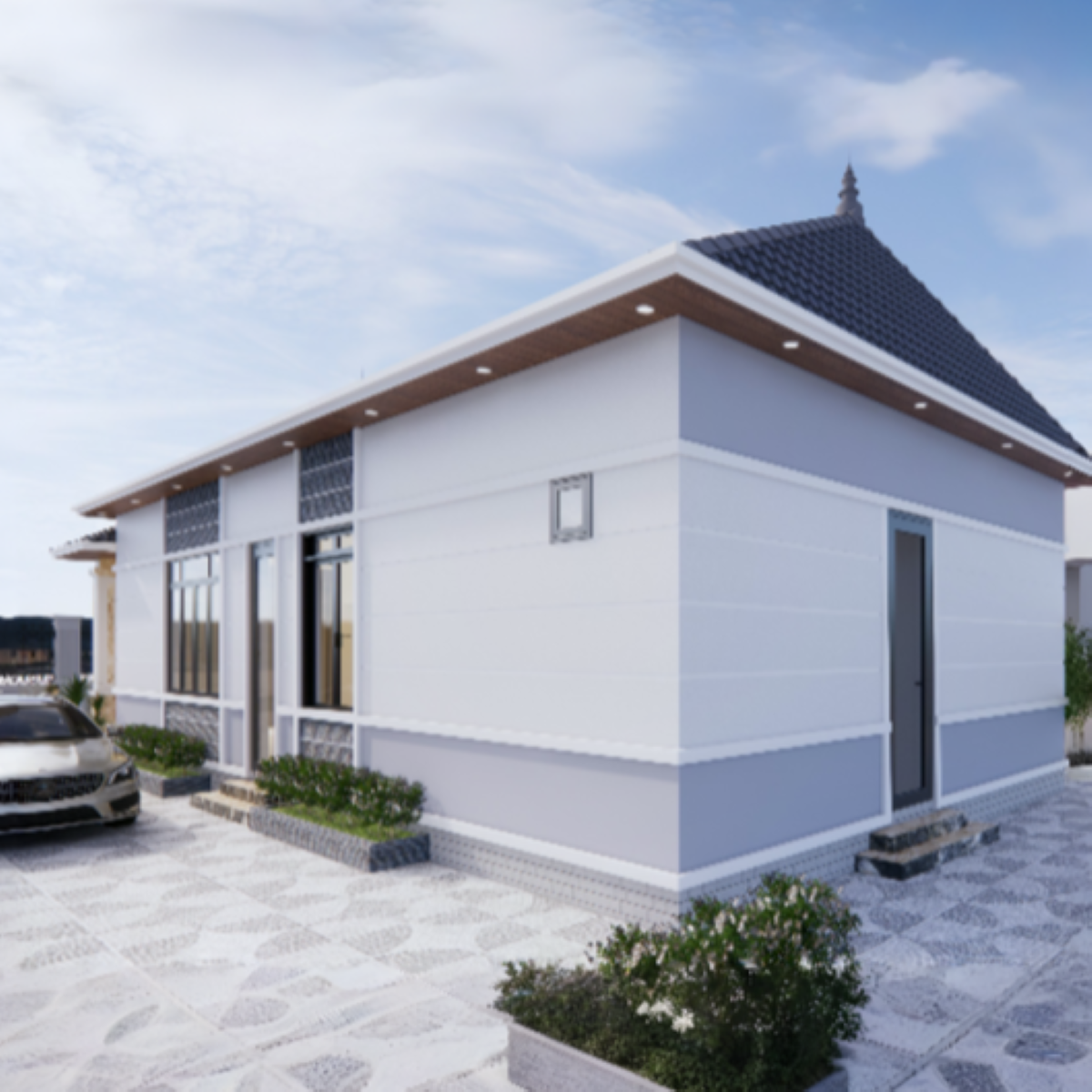 V292 | Bản vẽ thiết kế mẫu nhà vườn mái Nhật hiện đại, 1 tầng 3 phòng ngủ, kích thước 7.5x16m, bản in A3 đẹp, có phối cảnh 3D
