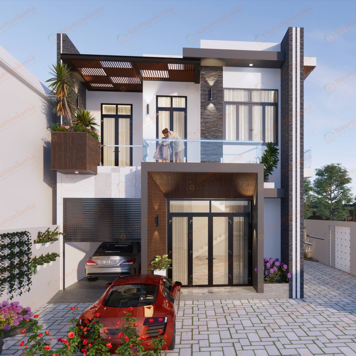 V699 | Bản vẽ thiết kế biệt thự phố hiện đại 2 tầng 4 phòng ngủ, kích thước 8x18m, bản in A3 đẹp, phối cảnh 3D