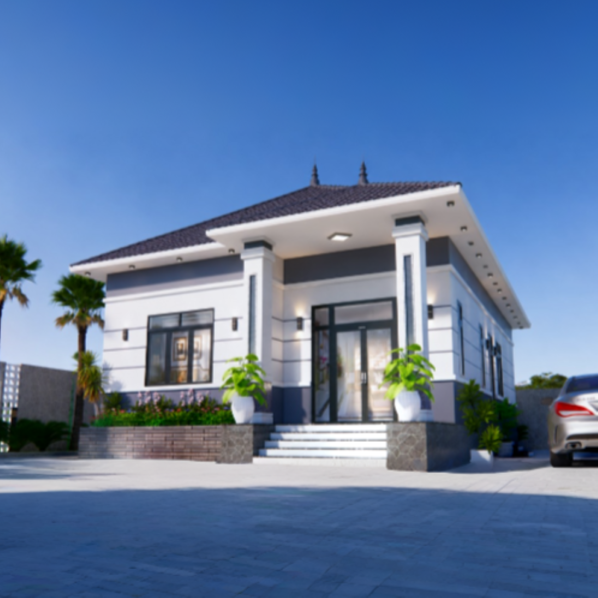 V573 | Bản vẽ thiết kế mẫu nhà cấp 4 mái Nhật hiện đại, 3 phòng ngủ, kích thước 8x13m, bản in A3 đẹp, có phối cảnh 3D
