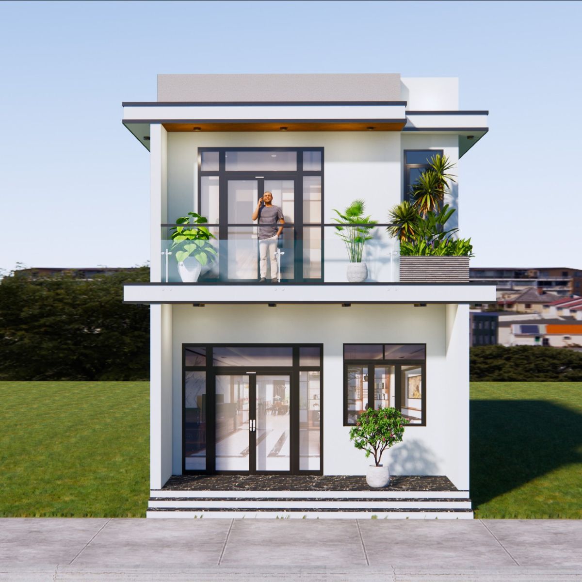 V695 | Bản vẽ thiết kế Full hồ sơ mẫu nhà phố hiện đại 2 tầng 2 phòng ngủ, kích thước 6x15m, bản in A3 đẹp, phối cảnh 3D
