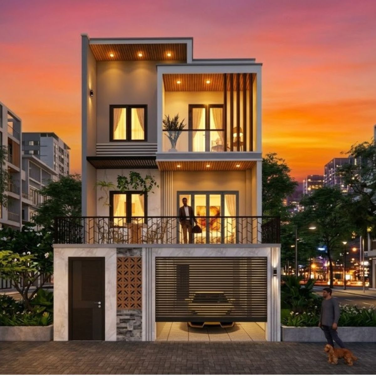 V932 | Bản vẽ thiết kế Full hồ sơ mẫu nhà phố hiện đại 3 tầng 3 phòng ngủ, kích thước 7x15m, in A3 đẹp, phối cảnh 3D