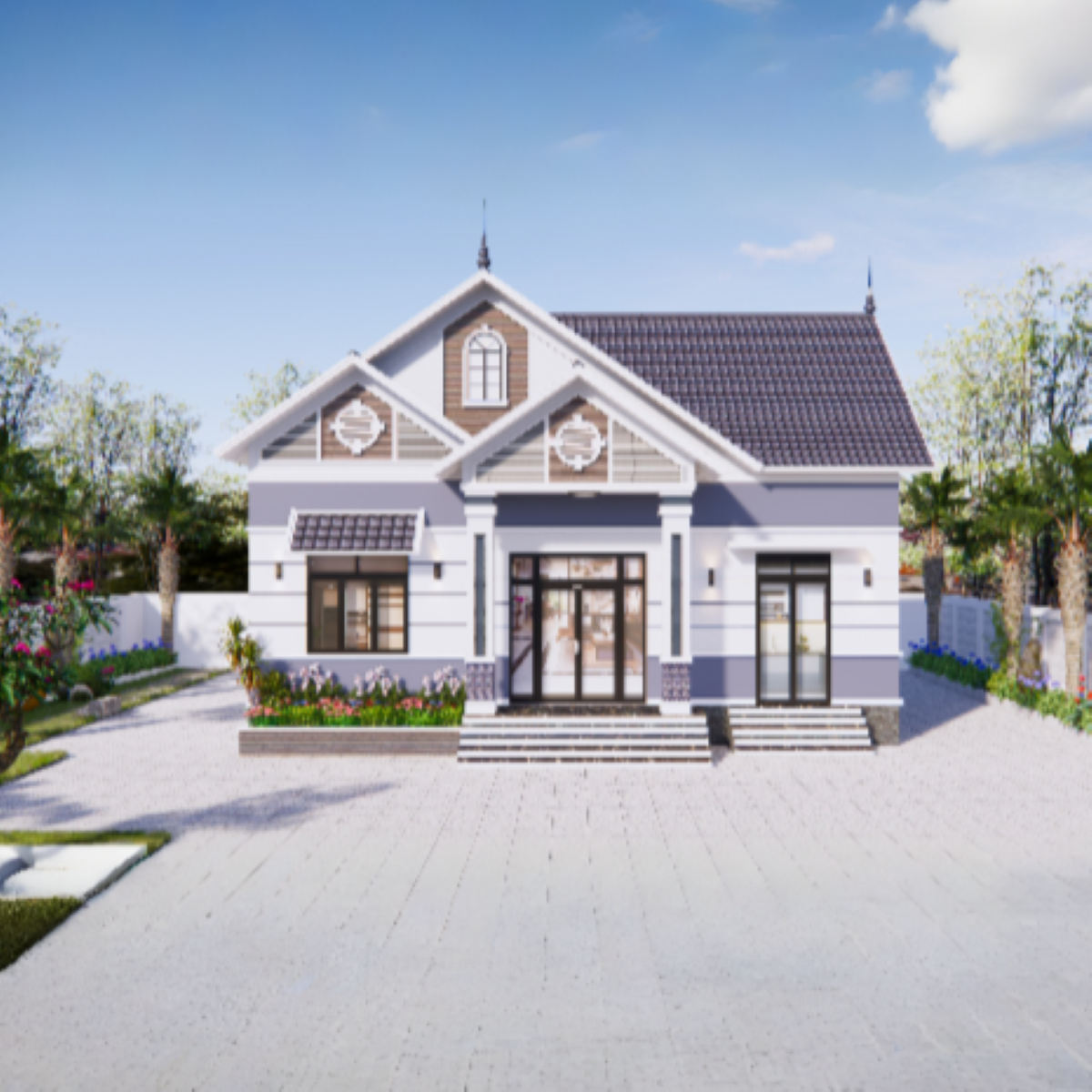 V633 | Bản vẽ thiết kế mẫu nhà vườn mái Thái hiện đại 1 tầng 3 phòng ngủ, kích thước 11.5x8.8m, bản in A3 đẹp, có phối cảnh 3D