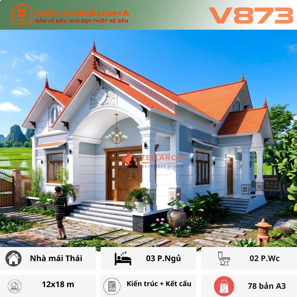 V873 | Bản vẽ thiết kế Kiến trúc, kết cấu mẫu nhà mái Thái 1 tầng, 3 phòng ngủ, kích thước 12x18, bản in A3 đẹp, có ảnh 3D