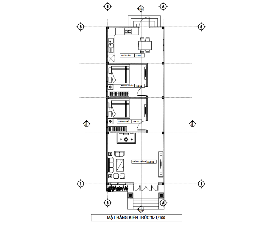 V368 | Bản vẽ thiết kế Kiến trúc mẫu nhà cấp 4 mái Thái hiện đại 2 phòng ngủ, kích thước 5.2x14.3m, bản in A3 đẹp, phối cảnh 3D