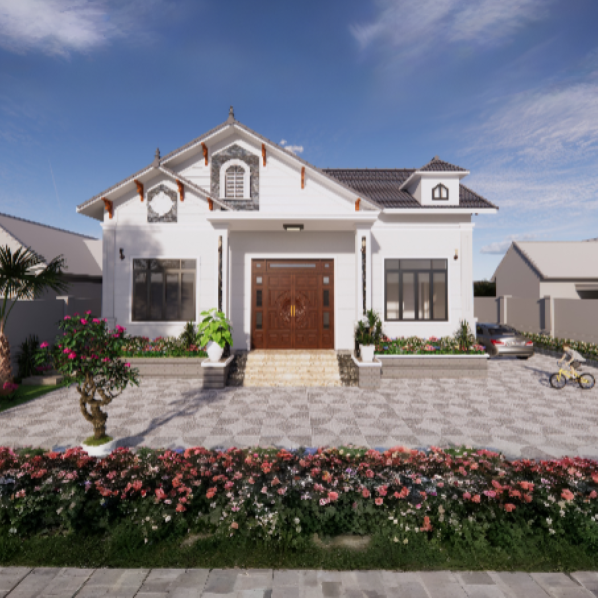 V316 | Bản vẽ thiết kế Full hồ sơ mẫu nhà mái Thái hiện đại 1 tầng 3 phòng ngủ, kích thước 13x9m, bản in A3 đẹp, phối cảnh 3D
