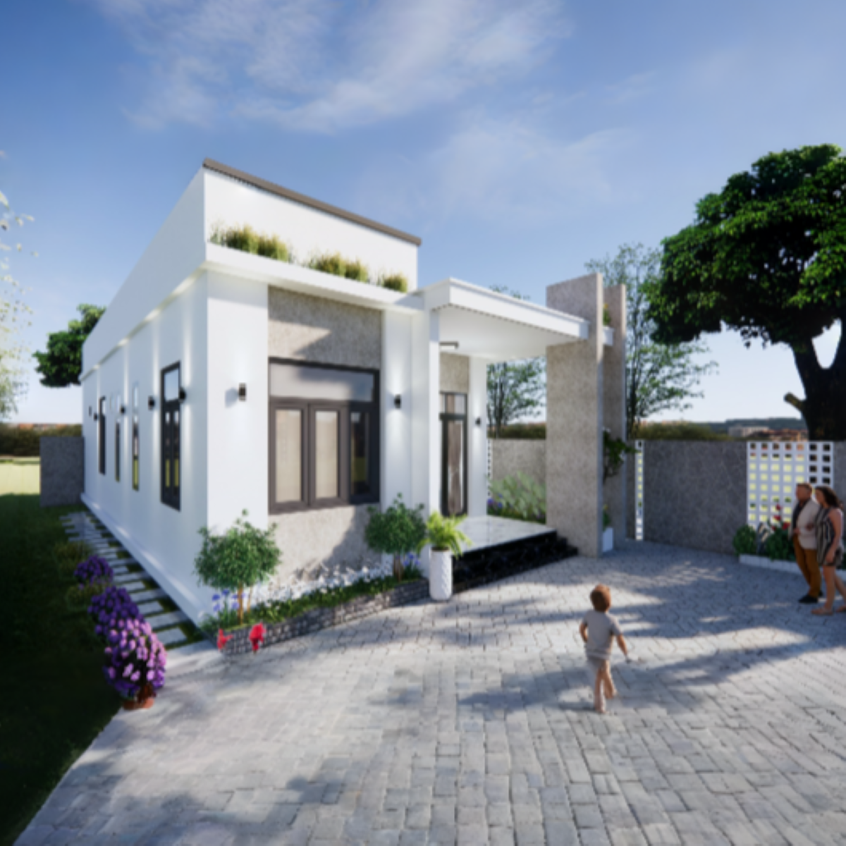 V678 | Bản vẽ thiết kế Full hồ sơ mẫu nhà mái bằng hiện đại 1 tầng 3 phòng ngủ, kích thước 7x16.5m, bản in A3 đẹp, phối cảnh 3D