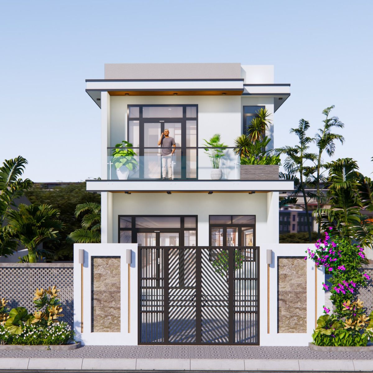 V695 | Bản vẽ thiết kế Full hồ sơ mẫu nhà phố hiện đại 2 tầng 2 phòng ngủ, kích thước 6x15m, bản in A3 đẹp, phối cảnh 3D