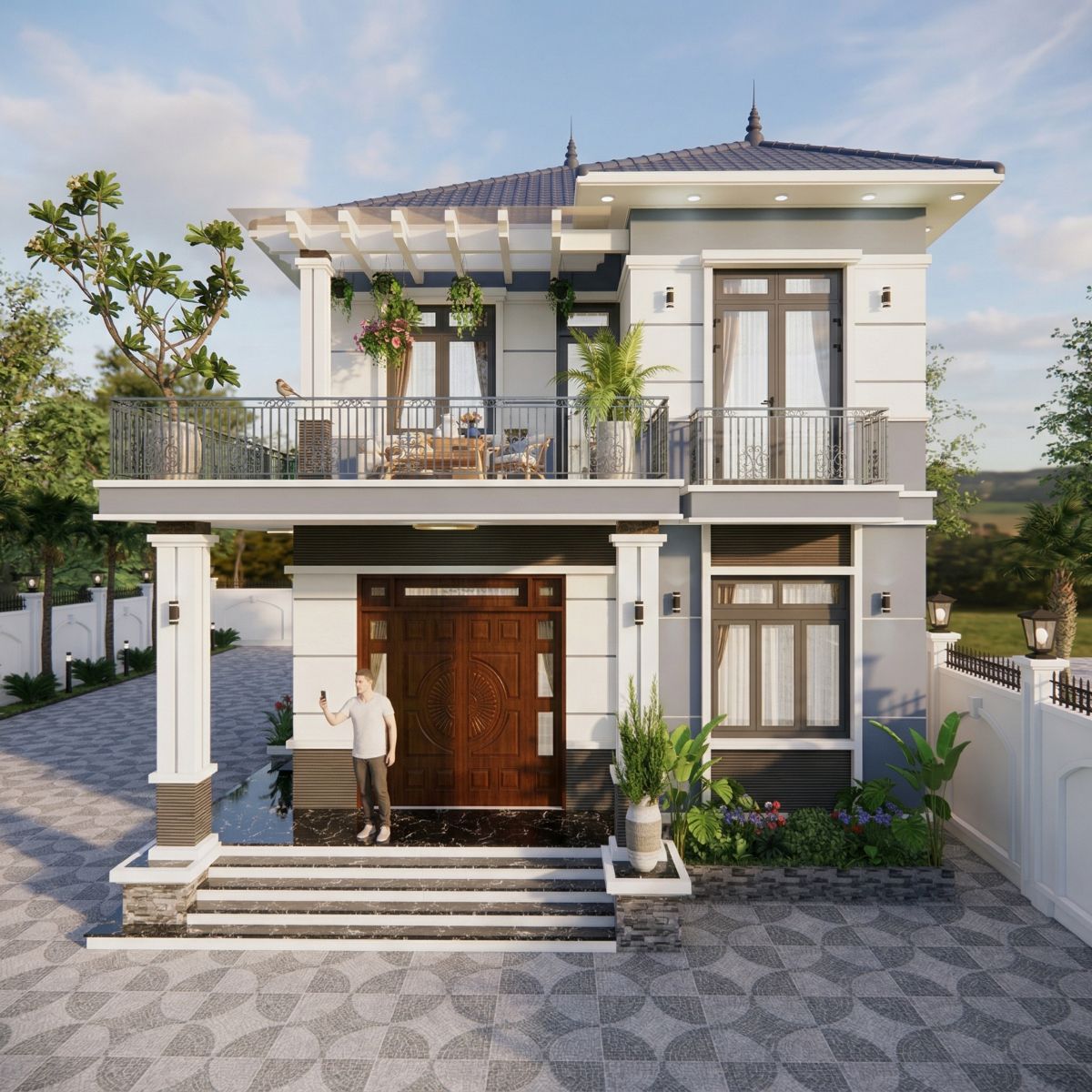 V721 | Bản vẽ thiết kế full hồ sơ mẫu nhà mái Nhật hiện đại 2 tầng 6 phòng ngủ, kích thước 10x14m, bản in A3 đẹp, phối cảnh 3D