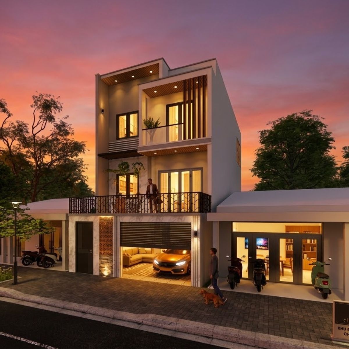 V932 | Bản vẽ thiết kế Full hồ sơ mẫu nhà phố hiện đại 3 tầng 3 phòng ngủ, kích thước 7x15m, in A3 đẹp, phối cảnh 3D