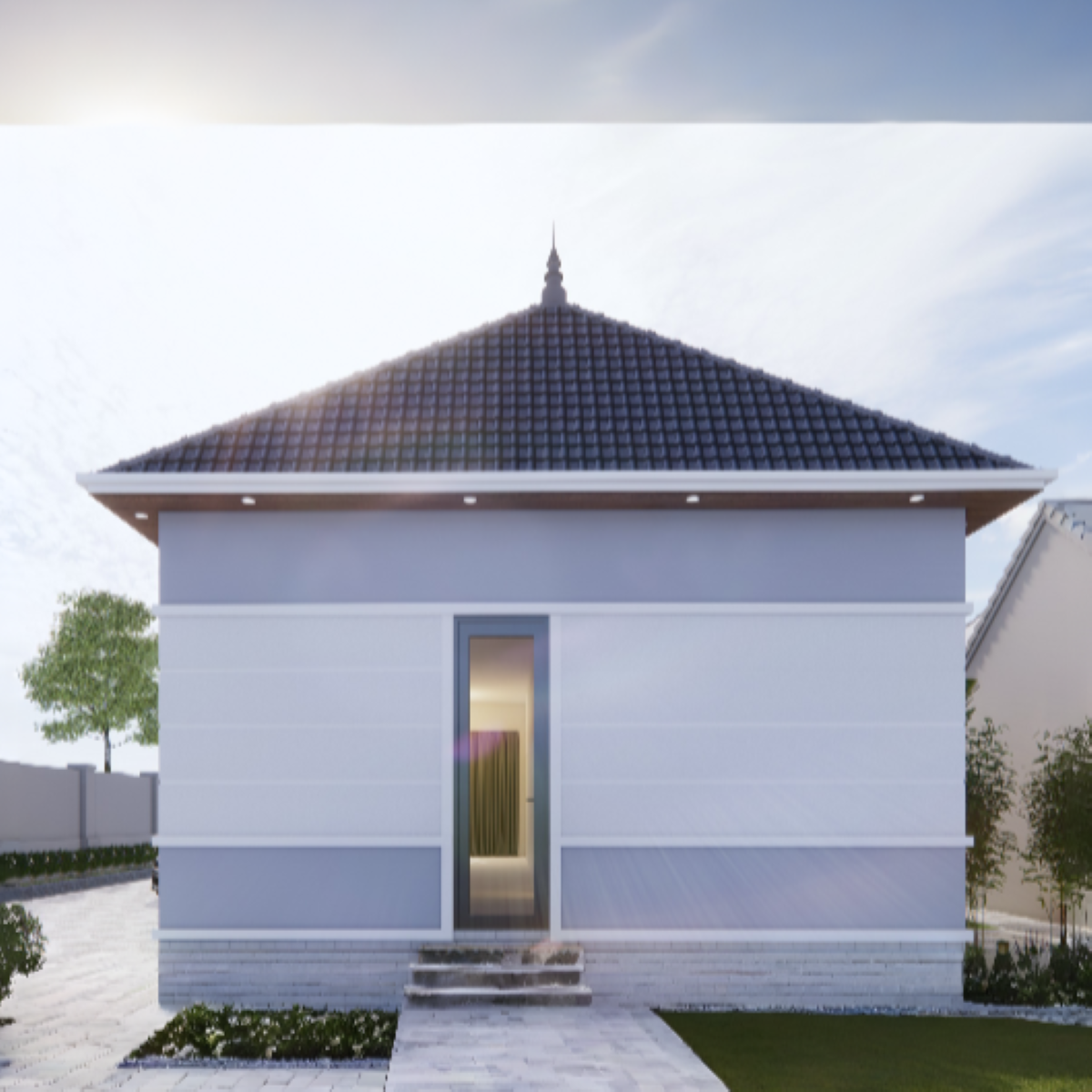 V292 | Bản vẽ thiết kế mẫu nhà vườn mái Nhật hiện đại, 1 tầng 3 phòng ngủ, kích thước 7.5x16m, bản in A3 đẹp, có phối cảnh 3D