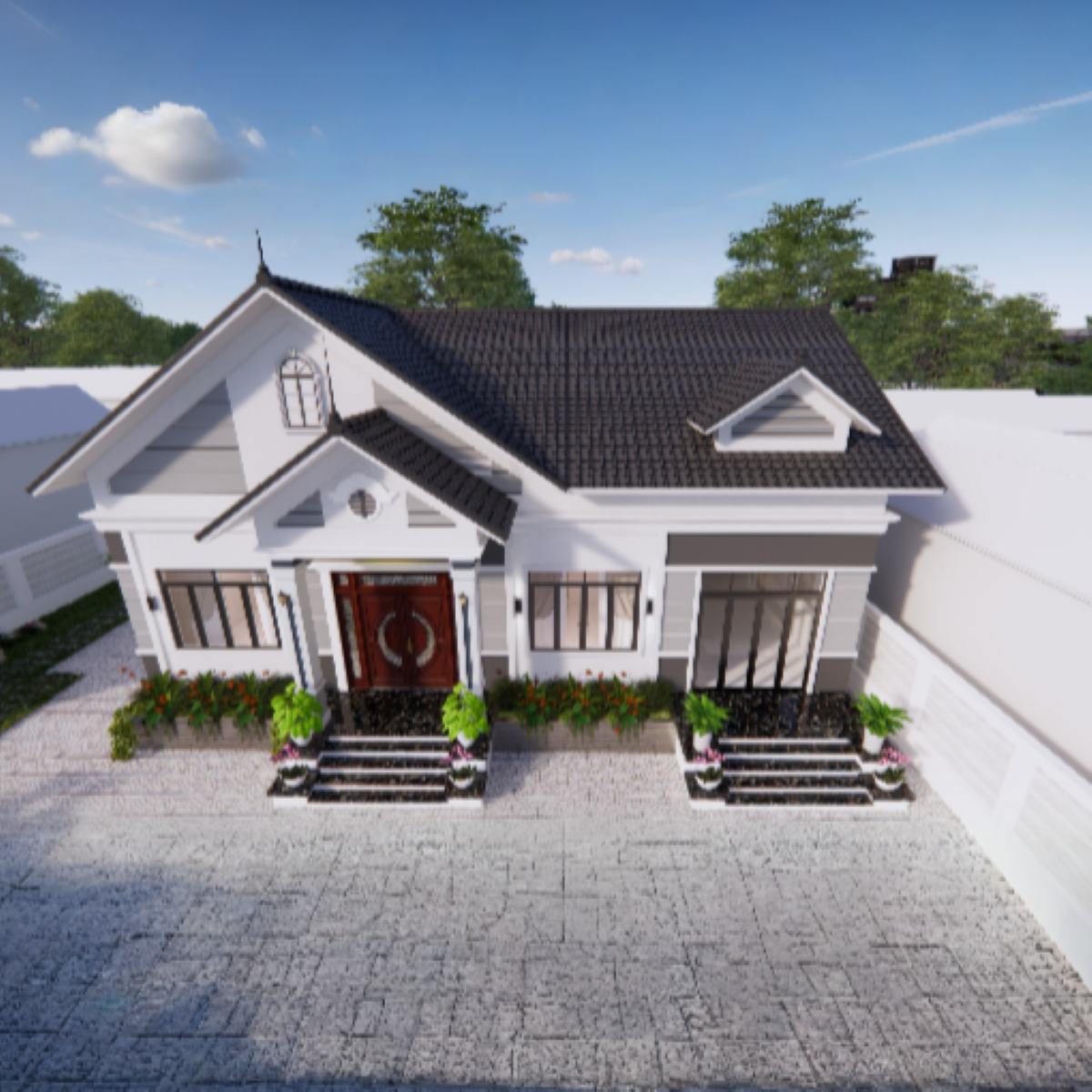 V355 | Bản vẽ thiết kế mẫu nhà cấp 4 mái Thái Tân cổ điển 4 phòng ngủ, kích thước 15x10m, bản in A3 đẹp, có phối cảnh 3D