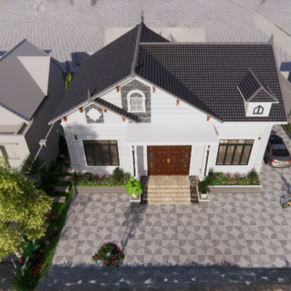 V316 | Bản vẽ thiết kế Full hồ sơ mẫu nhà mái Thái hiện đại 1 tầng 3 phòng ngủ, kích thước 13x9m, bản in A3 đẹp, phối cảnh 3D
