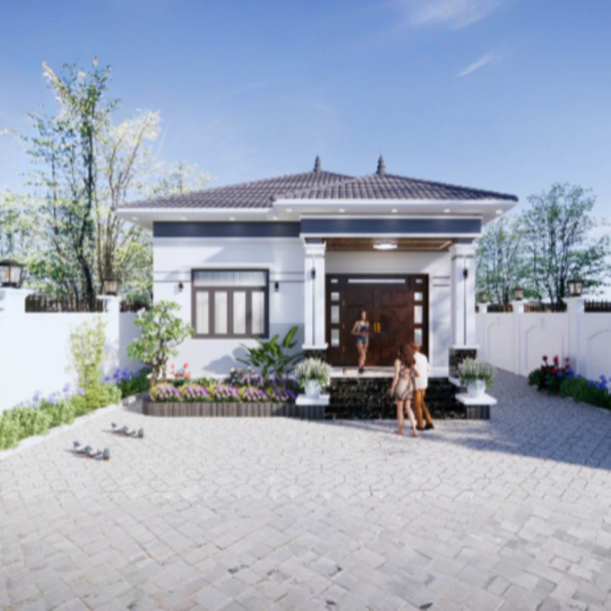 V724 | Bản vẽ thiết kế mẫu nhà vườn mái Nhật, 1 tầng 3 phòng ngủ, kích thước 11x13m, bản in A3 đẹp, có phối cảnh 3D