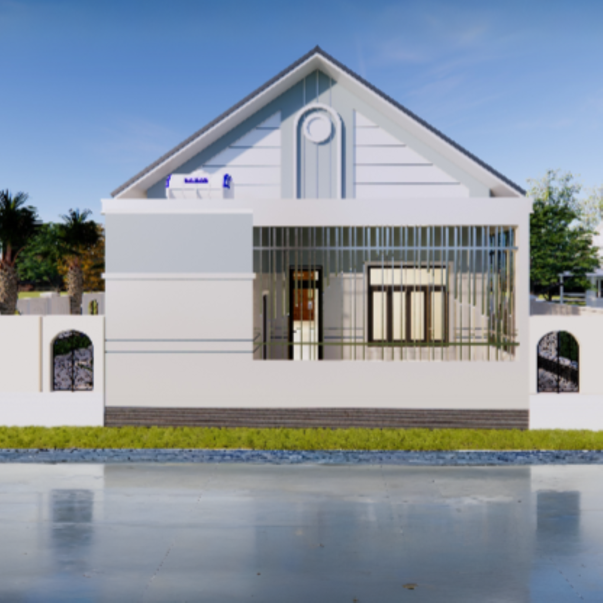 V751 | Bản vẽ thiết kế mẫu nhà cấp 4 mái Thái hiện đại-truyền thống 2 phòng ngủ, kích thước 8.5x15m, in A3 đẹp, có phối cảnh 3D