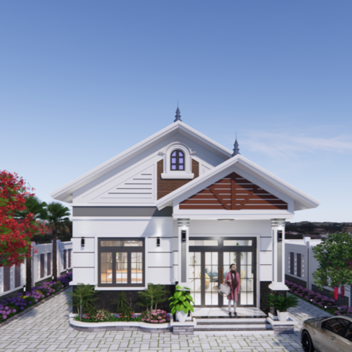 V530 | Bản vẽ thiết kế mẫu nhà mái Thái hiện đại 1 tầng 2 phòng ngủ, kích thước 8x13.5m, bản in A3 đẹp, có phối cảnh 3D