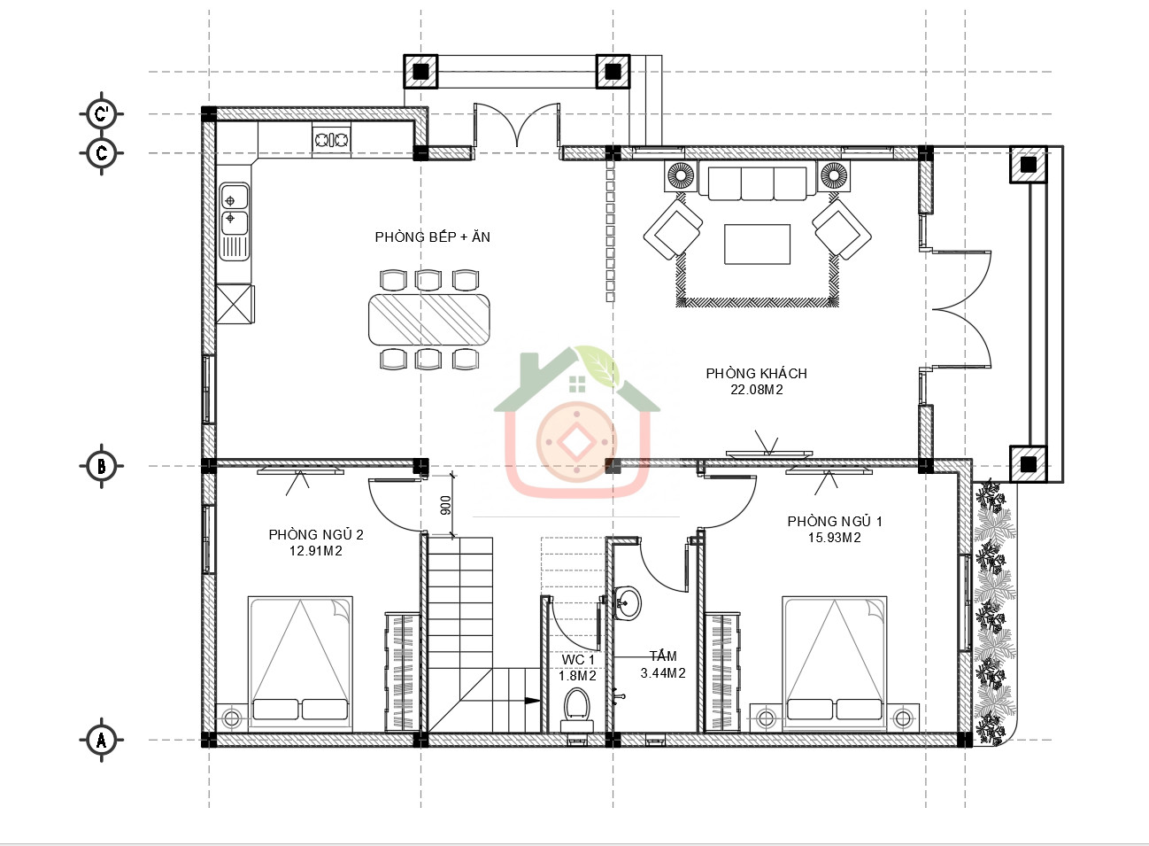 V767 | Bản vẽ kiến trúc mẫu nhà mái Thái 2 tầng 4 phòng ngủ kích thước 10,6x13,2m