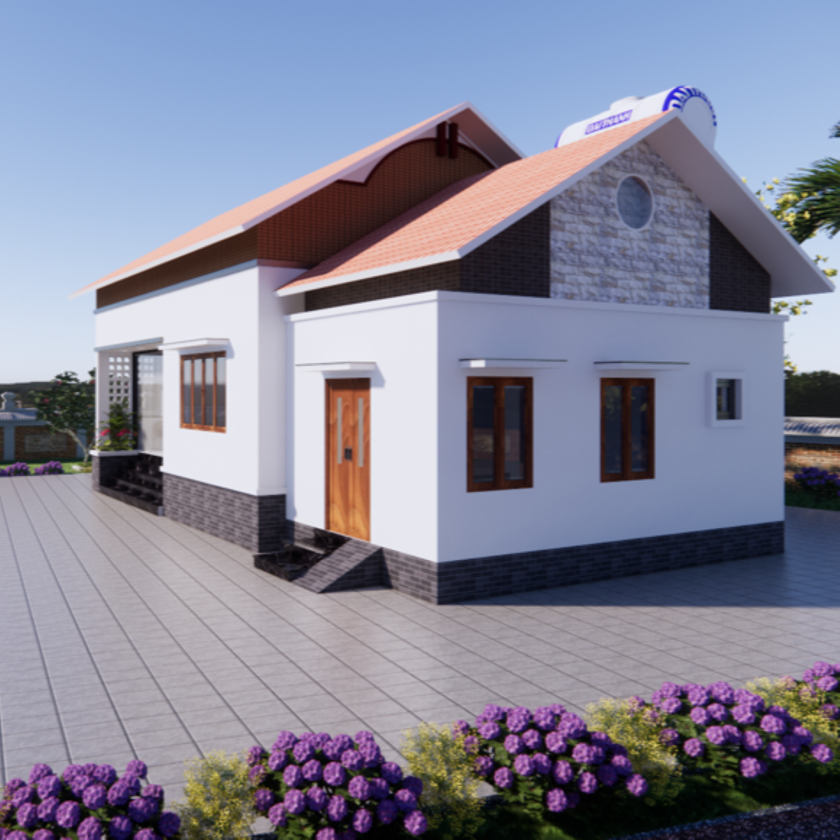 V623 | Bản vẽ thiết kế mẫu nhà cấp 4 mái Thái hiện đại-tối giản 2 phòng ngủ, kích thước 12x7.5m, bản in A3 đẹp, có phối cảnh 3D
