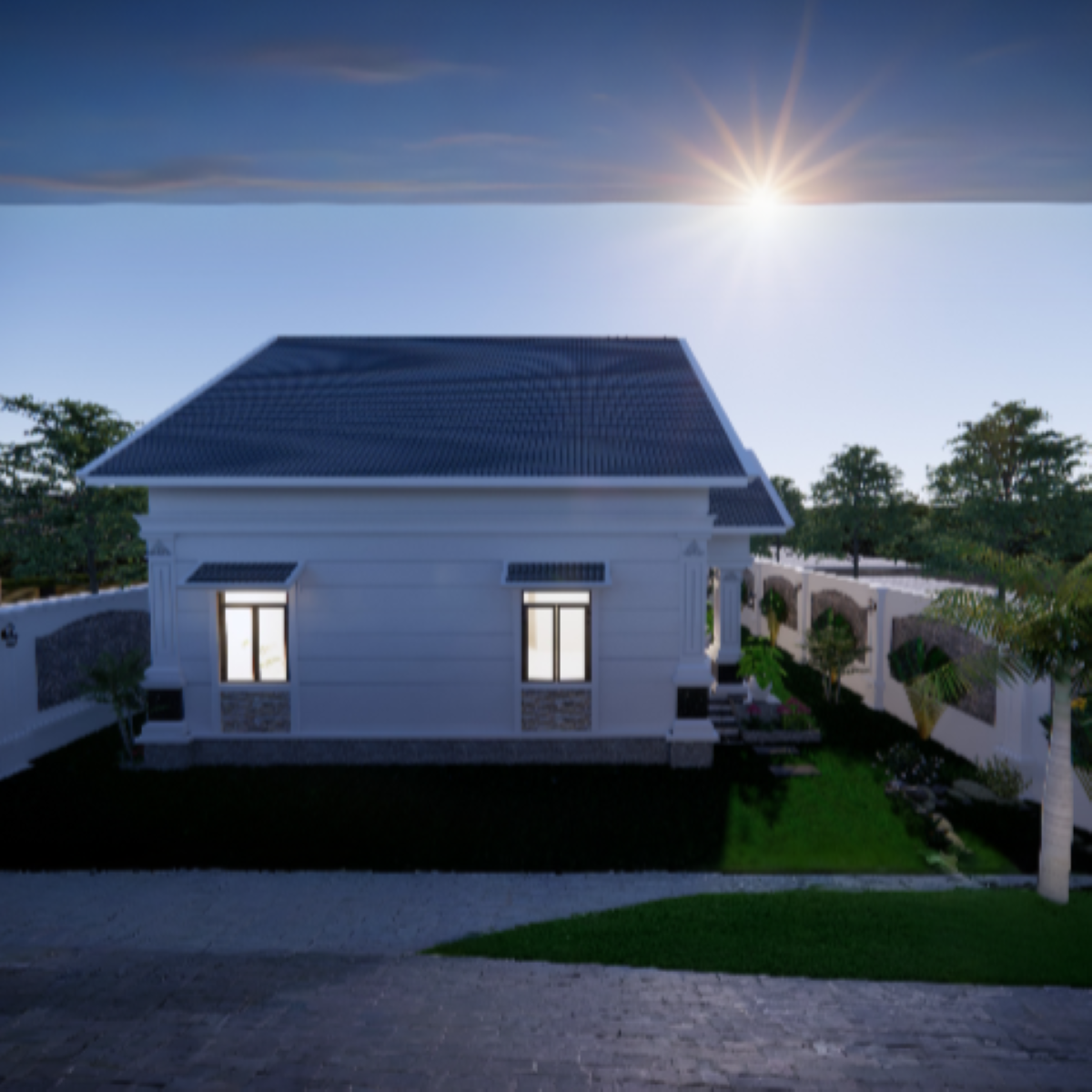 V406 | Bản vẽ thiết kế mẫu nhà mái Thái Tân cổ điển 1 tầng 4 phòng ngủ, kích thước 11x22m, bản in A3 đẹp, có phối cảnh 3D