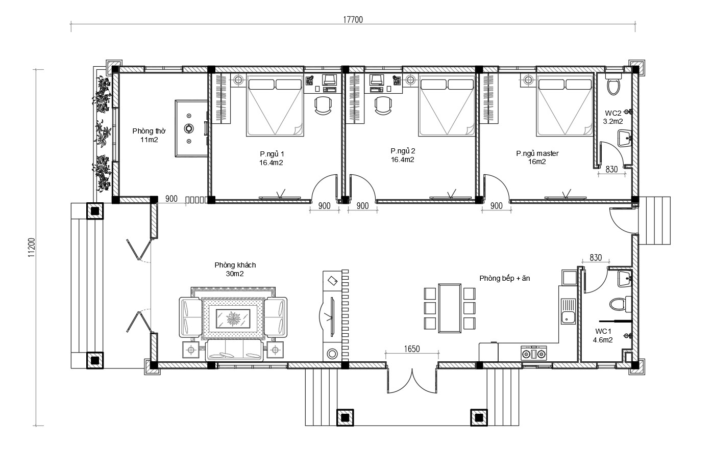 V873 | Bản vẽ thiết kế Kiến trúc, kết cấu mẫu nhà mái Thái 1 tầng, 3 phòng ngủ, kích thước 12x18, bản in A3 đẹp, có ảnh 3D